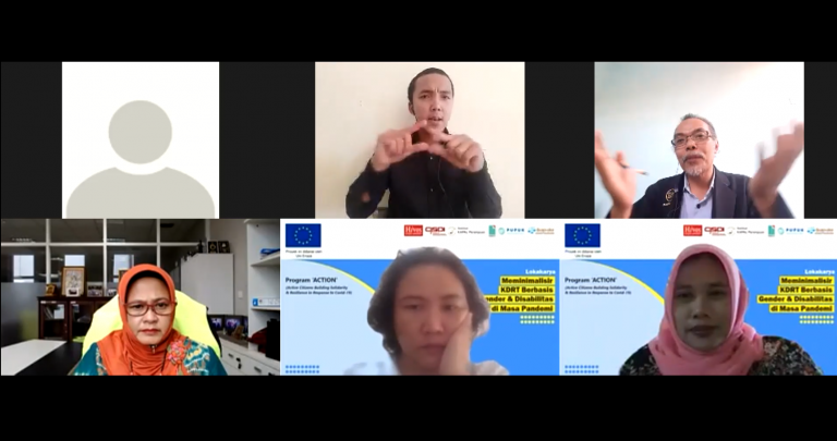 Asisten Deputi Perlindungan Anak Kondisi Khusus dari Kementerian Pemberdayaan Perempuan dan Perlindungan Anak Elvi Hendrani (Pertama dari Bawah), Koordinator program ACTION untuk Institut KAPAL Perempuan Yusnaningsih Kasim (Kedua dari Bawah) dan Direktur SAPDA Nurul Saadah (Ketiga dari Bawah) menjadi pembicara dalam Lokakarya Nasional Meminimalisir KDRT Berbasis Gender dan Disabilitas di Masa Pandemi.