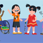 Ilustrasi anak dari 4 ragam disabilitas (fisik kursi roda, intelektual, netra dan Tuli)