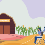 Ilustrasi penyandang disabilitas berdiri di depan lumbung pangan.