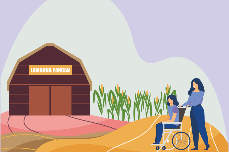 Ilustrasi penyandang disabilitas berdiri di depan lumbung pangan.