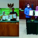 Foto kolase Direktur SAPDA melakukan penandatanganan MoU dengan Ketua PN Ngawi dan PN Wonosobo