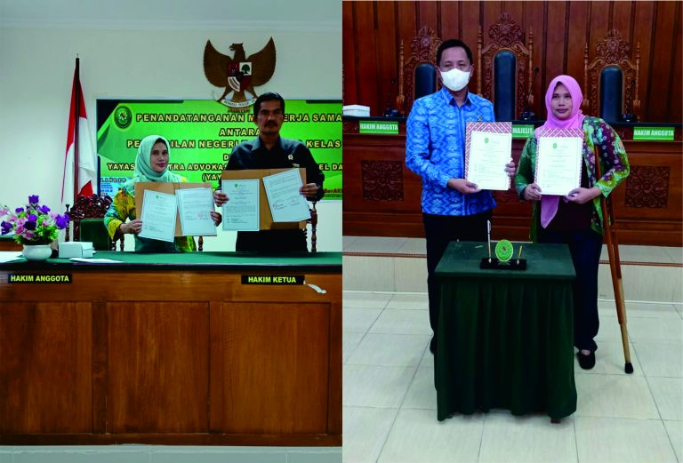 Foto kolase Direktur SAPDA melakukan penandatanganan MoU dengan Ketua PN Ngawi dan PN Wonosobo