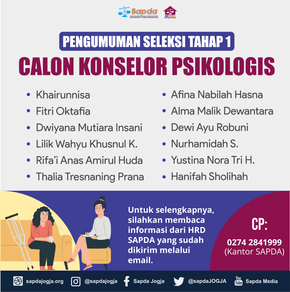 Flyer pengumuman seleksi tahap 1 konselor psikologis SAPDA. Isi flyer sama dengan isi postingan ini.